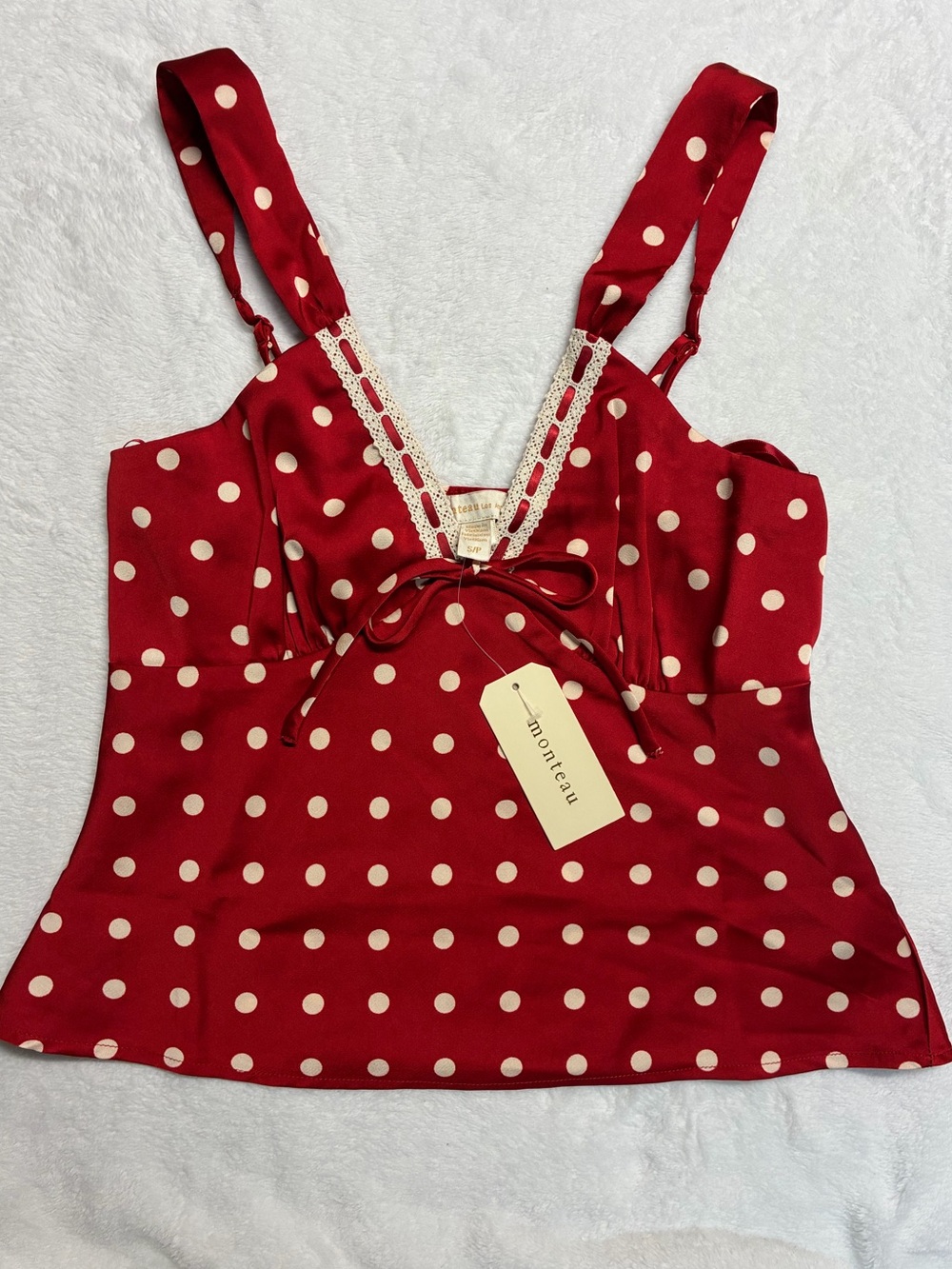 Monteau Los Angeles Red Polka Dot Lace Trim Tank Top Cami NWT